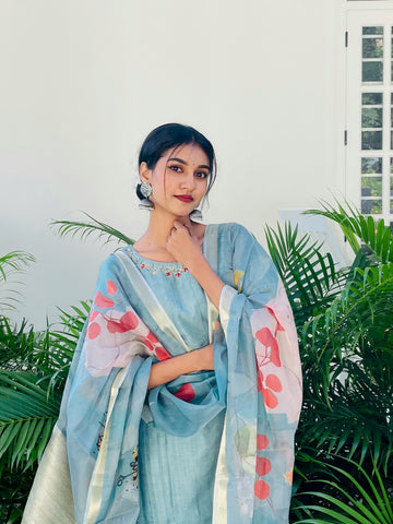 Sparkling Blue Cotton Silk Ready to Wear Silk Kurti Set Geetha Creation